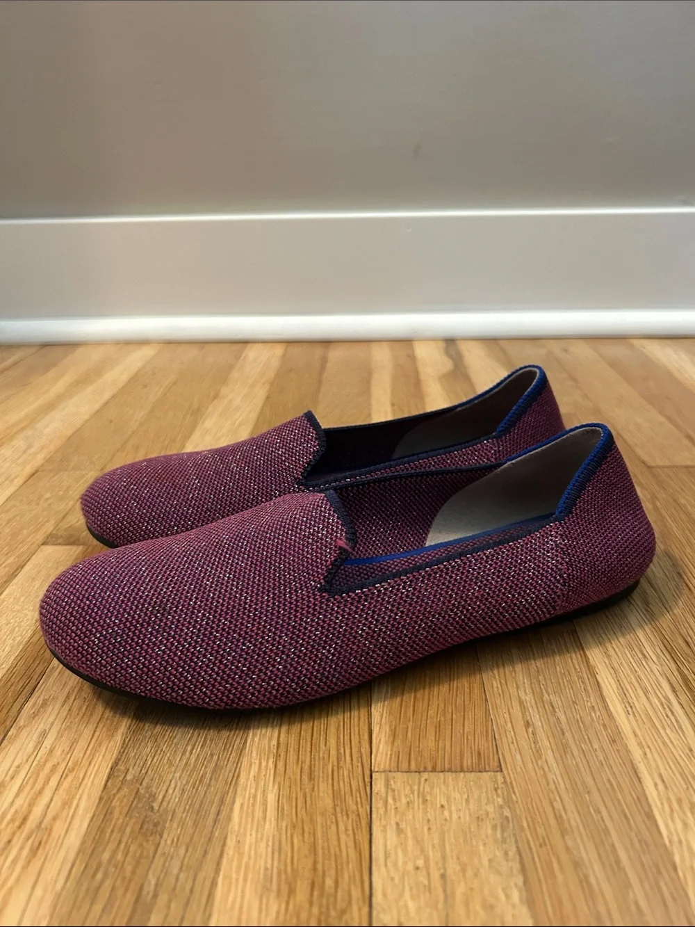 Rothy's. Kids loafer. Burgundy Flat with Blue Trim